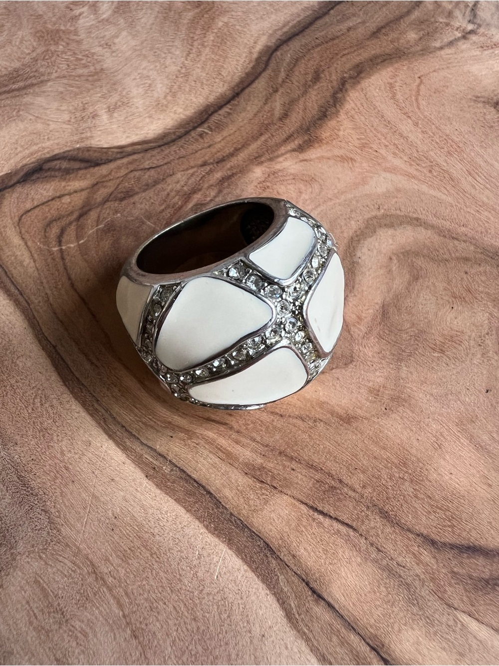 White Enamel Dome Ring with Crystal Accents